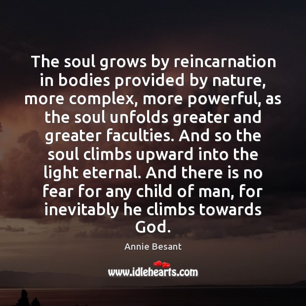 The soul grows by reincarnation in bodies provided by nature, more complex, Image