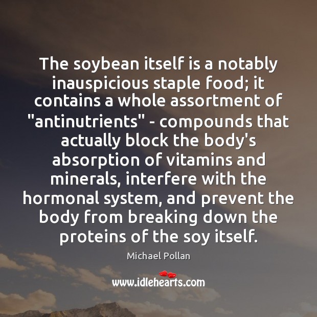 The soybean itself is a notably inauspicious staple food; it contains a Michael Pollan Picture Quote