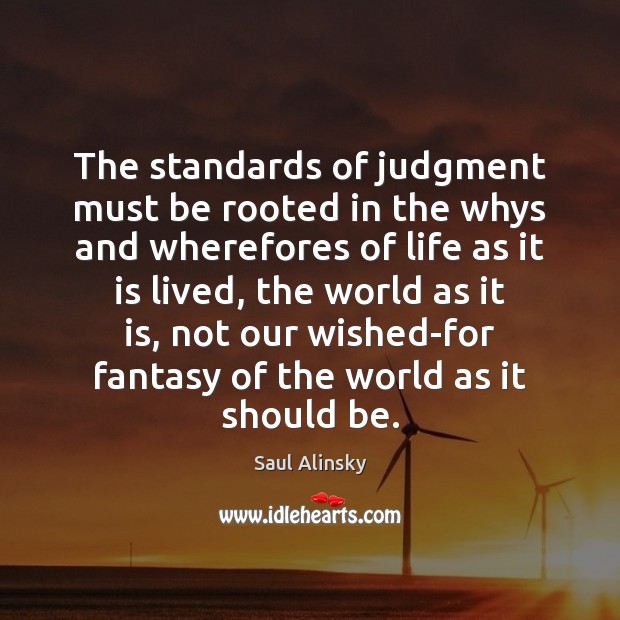 The standards of judgment must be rooted in the whys and wherefores Saul Alinsky Picture Quote