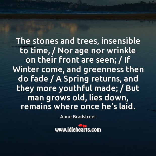 The stones and trees, insensible to time, / Nor age nor wrinkle on Anne Bradstreet Picture Quote