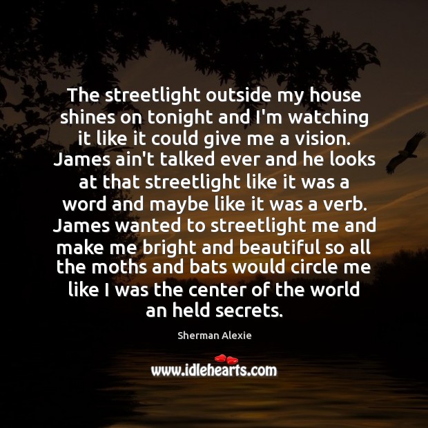 The streetlight outside my house shines on tonight and I’m watching it Sherman Alexie Picture Quote