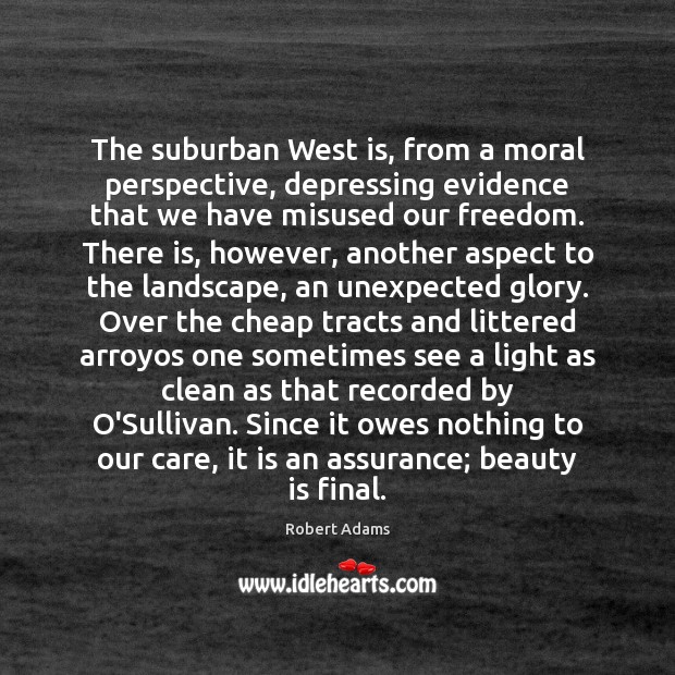 The suburban West is, from a moral perspective, depressing evidence that we Robert Adams Picture Quote