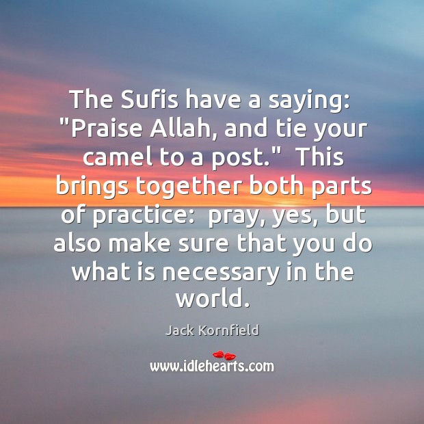 The Sufis have a saying:  “Praise Allah, and tie your camel to Jack Kornfield Picture Quote