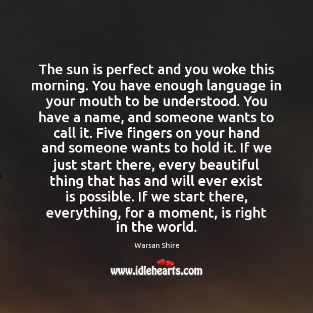 The sun is perfect and you woke this morning. You have enough Warsan Shire Picture Quote