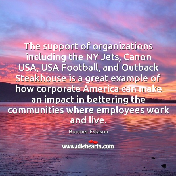 The support of organizations including the ny jets, canon usa, usa football, and outback Image