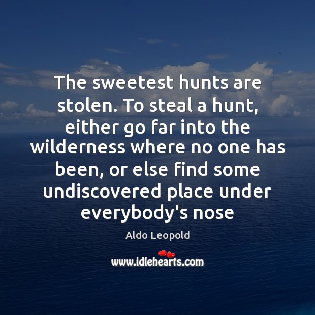 The sweetest hunts are stolen. To steal a hunt, either go far Aldo Leopold Picture Quote