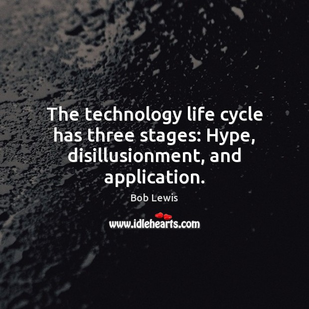 The technology life cycle has three stages: Hype, disillusionment, and application. Image