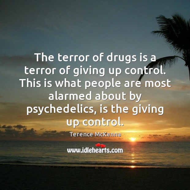 The terror of drugs is a terror of giving up control. This Terence McKenna Picture Quote