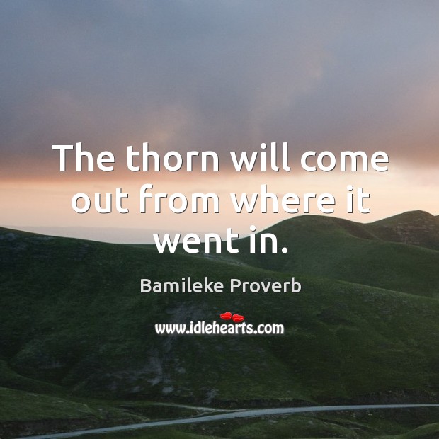 The thorn will come out from where it went in. Bamileke Proverbs Image