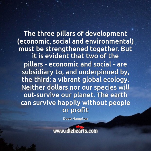 The three pillars of development (economic, social and environmental) must be strengthened Image