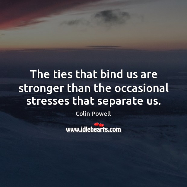 The ties that bind us are stronger than the occasional stresses that separate us. Colin Powell Picture Quote