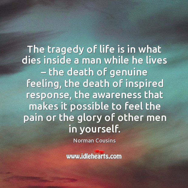 The tragedy of life is in what dies inside a man while he lives Norman Cousins Picture Quote