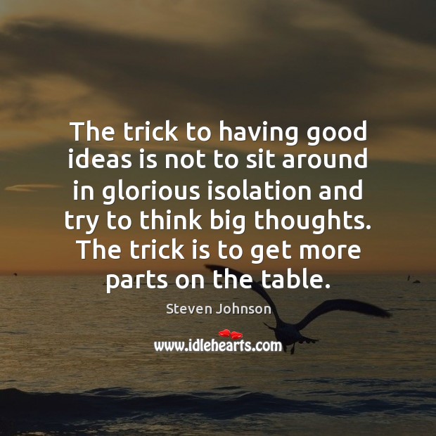 The trick to having good ideas is not to sit around in Steven Johnson Picture Quote