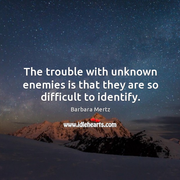 The trouble with unknown enemies is that they are so difficult to identify. Barbara Mertz Picture Quote