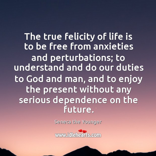 The true felicity of life is to be free from anxieties and perturbations; Seneca the Younger Picture Quote
