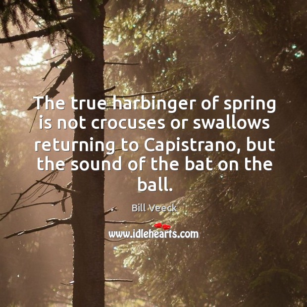 The true harbinger of spring is not crocuses or swallows returning to capistrano, but the sound of the bat on the ball. Bill Veeck Picture Quote