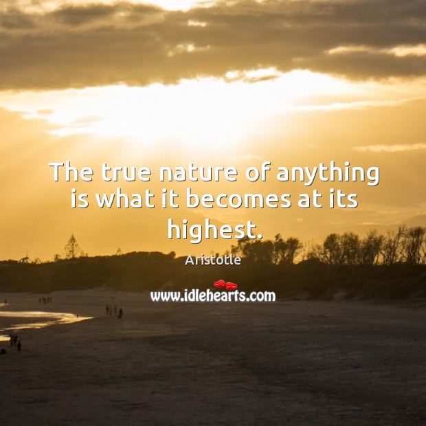 The true nature of anything is what it becomes at its highest. Aristotle Picture Quote