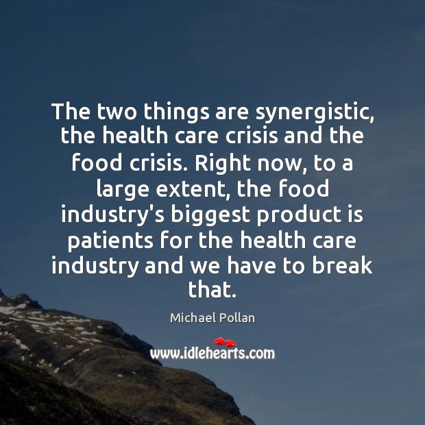 The two things are synergistic, the health care crisis and the food Michael Pollan Picture Quote