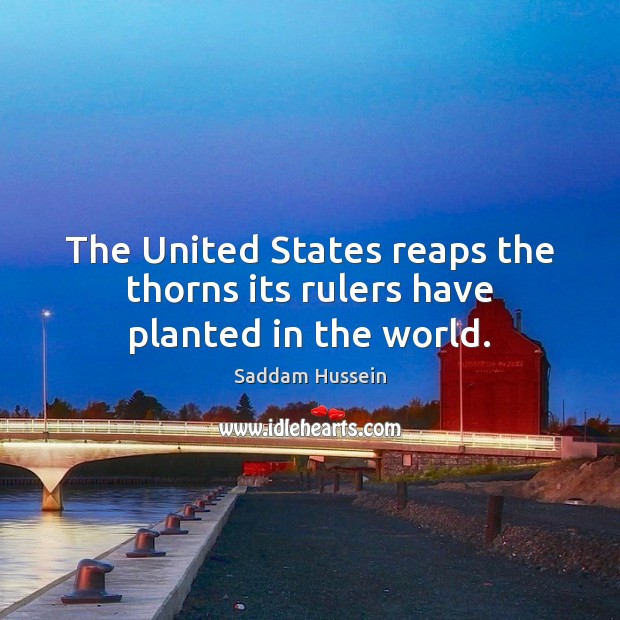 The United States reaps the thorns its rulers have planted in the world. Saddam Hussein Picture Quote