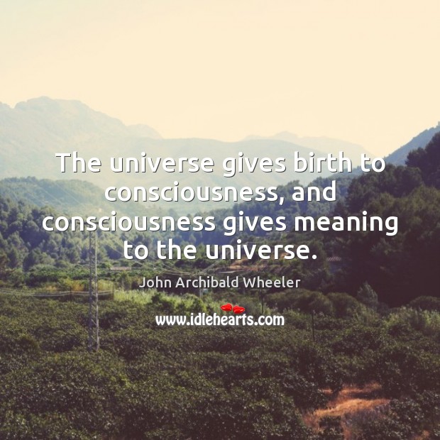 The universe gives birth to consciousness, and consciousness gives meaning to the John Archibald Wheeler Picture Quote