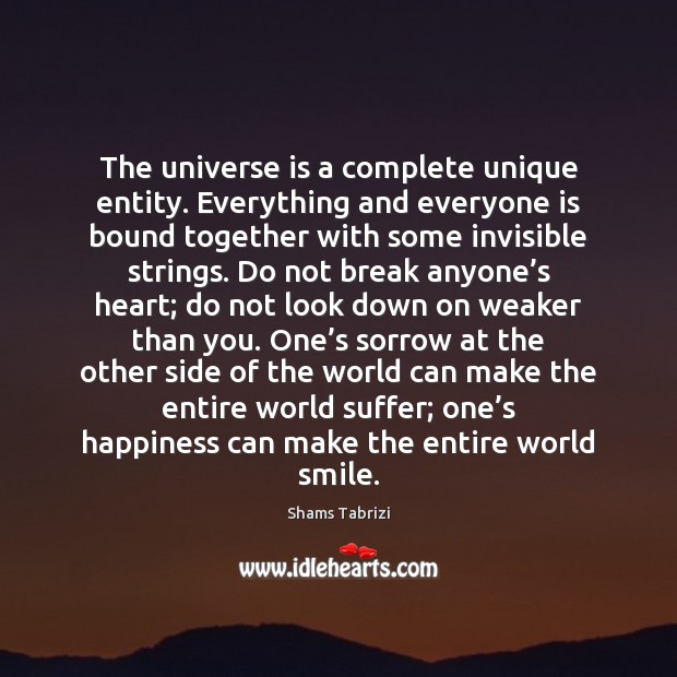 The universe is a complete unique entity. Everything and everyone is bound Shams Tabrizi Picture Quote