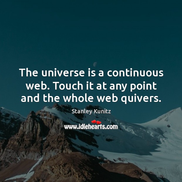 The universe is a continuous web. Touch it at any point and the whole web quivers. Stanley Kunitz Picture Quote
