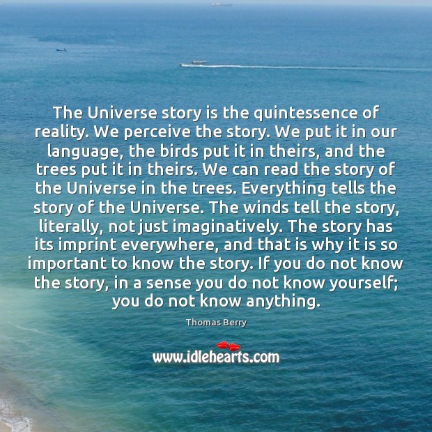 The Universe story is the quintessence of reality. We perceive the story. Thomas Berry Picture Quote