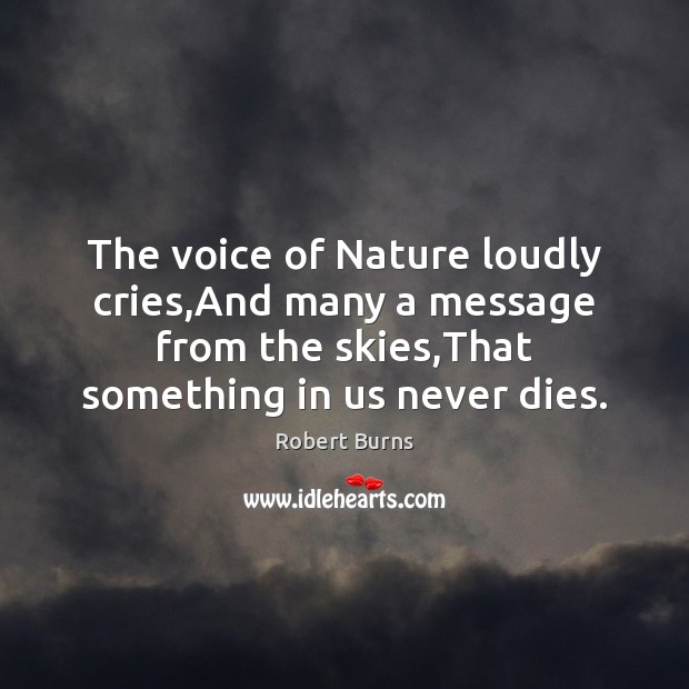 The voice of Nature loudly cries,And many a message from the Robert Burns Picture Quote