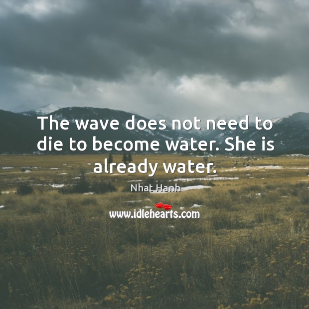 The wave does not need to die to become water. She is already water. Nhat Hanh Picture Quote