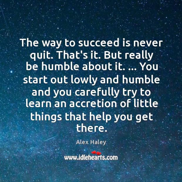 The way to succeed is never quit. That’s it. But really be Alex Haley Picture Quote