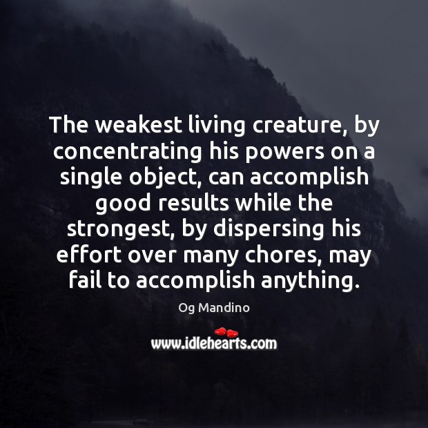The weakest living creature, by concentrating his powers on a single object, Og Mandino Picture Quote