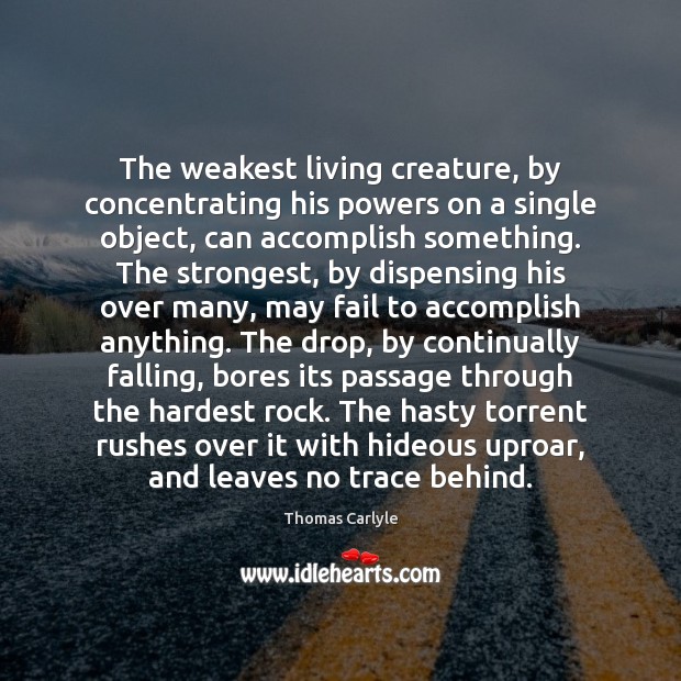 The weakest living creature, by concentrating his powers on a single object, Thomas Carlyle Picture Quote