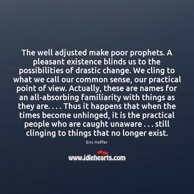 The well adjusted make poor prophets. A pleasant existence blinds us to Eric Hoffer Picture Quote