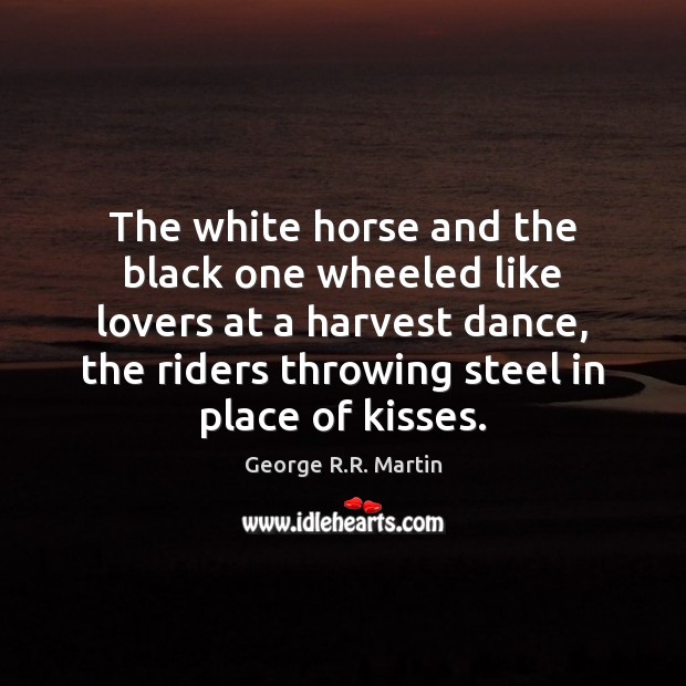 The white horse and the black one wheeled like lovers at a Image