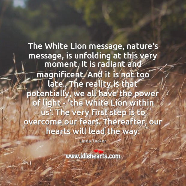 The White Lion message, nature’s message, is unfolding at this very moment. Linda Tucker Picture Quote