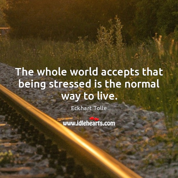 The whole world accepts that being stressed is the normal way to live. Eckhart Tolle Picture Quote