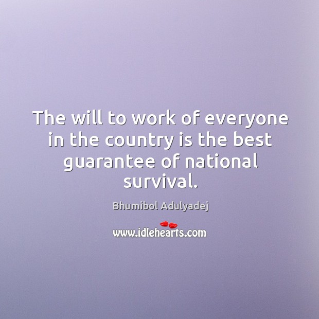 The will to work of everyone in the country is the best guarantee of national survival. Bhumibol Adulyadej Picture Quote