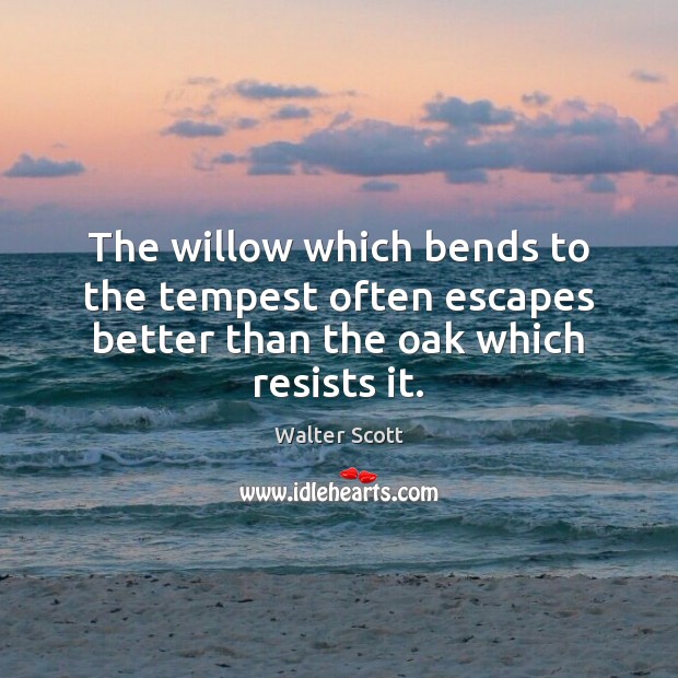 The willow which bends to the tempest often escapes better than the oak which resists it. Walter Scott Picture Quote
