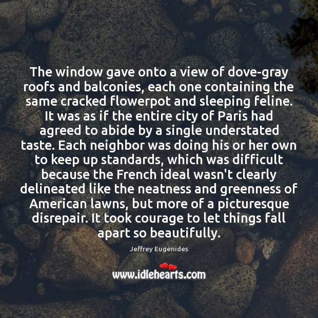The window gave onto a view of dove-gray roofs and balconies, each Jeffrey Eugenides Picture Quote