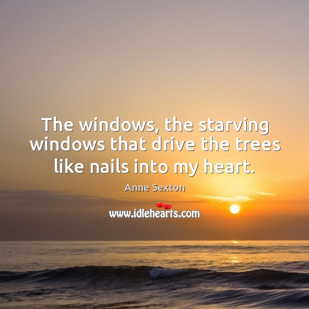 The windows, the starving windows that drive the trees like nails into my heart. Anne Sexton Picture Quote