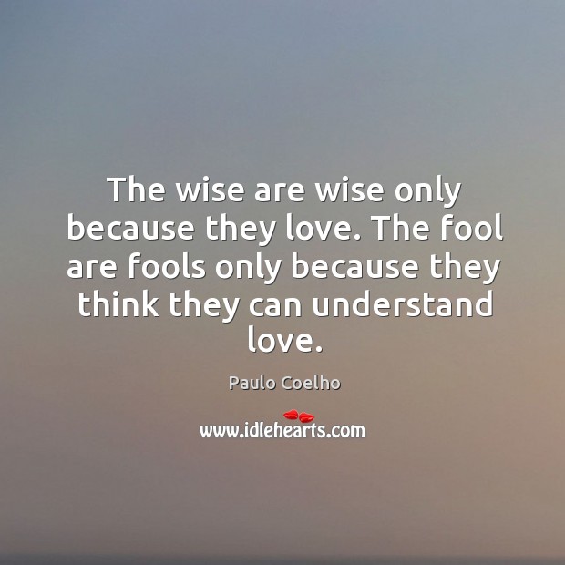 The wise are wise only because they love. The fool are fools only because they think they can understand love. Paulo Coelho Picture Quote