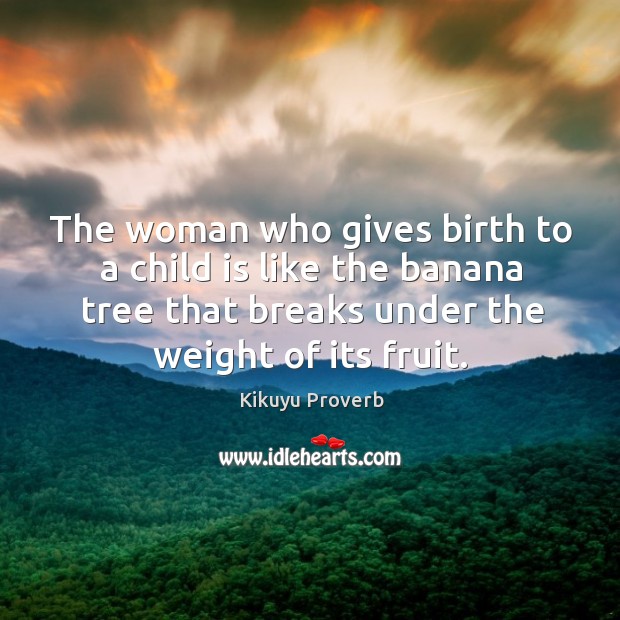 The woman who gives birth to a child is like the banana tree that breaks under the weight of its fruit. Kikuyu Proverbs Image