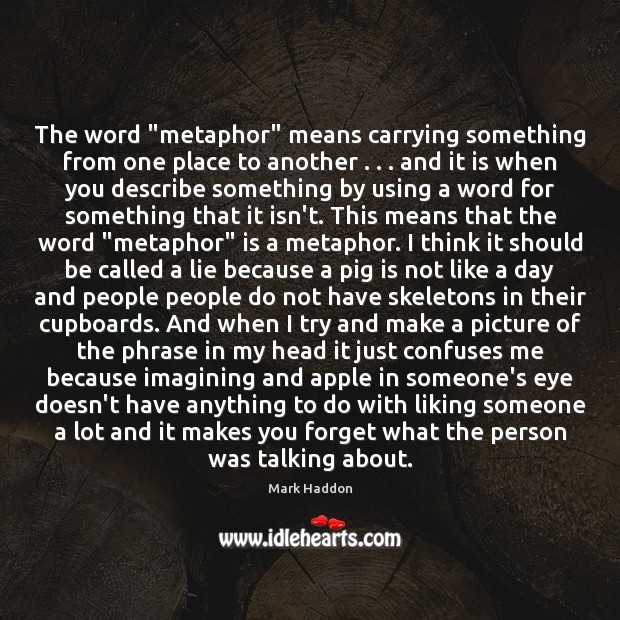 The word “metaphor” means carrying something from one place to another . . . and Mark Haddon Picture Quote