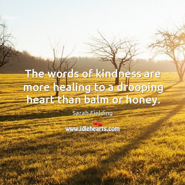 The words of kindness are more healing to a drooping heart than balm or honey. Sarah Fielding Picture Quote