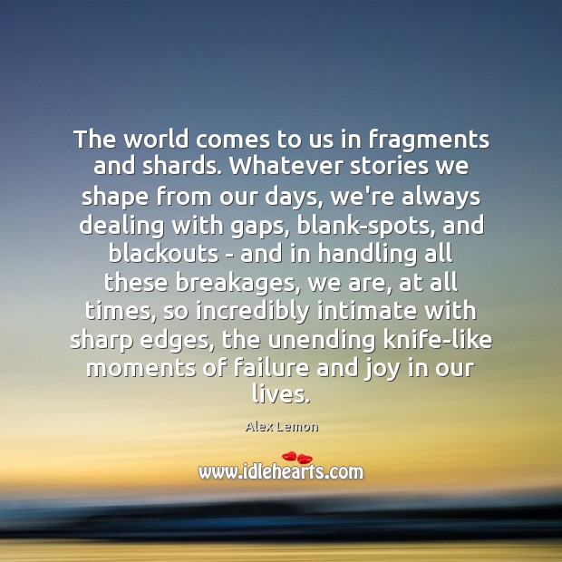 The world comes to us in fragments and shards. Whatever stories we 