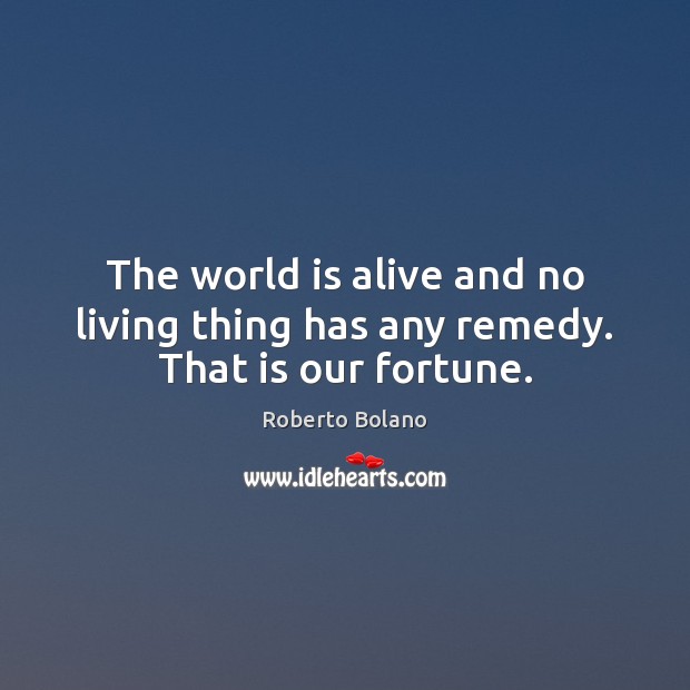The world is alive and no living thing has any remedy. That is our fortune. Roberto Bolano Picture Quote