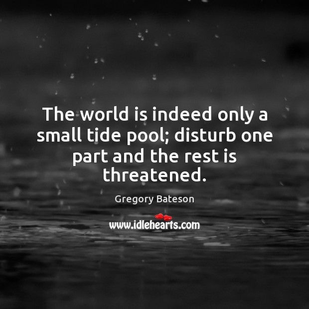 The world is indeed only a small tide pool; disturb one part and the rest is threatened. Gregory Bateson Picture Quote