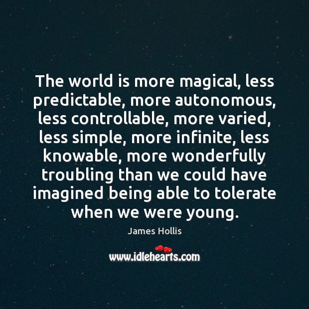 The world is more magical, less predictable, more autonomous, less controllable, more James Hollis Picture Quote