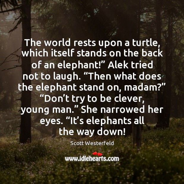 The world rests upon a turtle, which itself stands on the back Scott Westerfeld Picture Quote