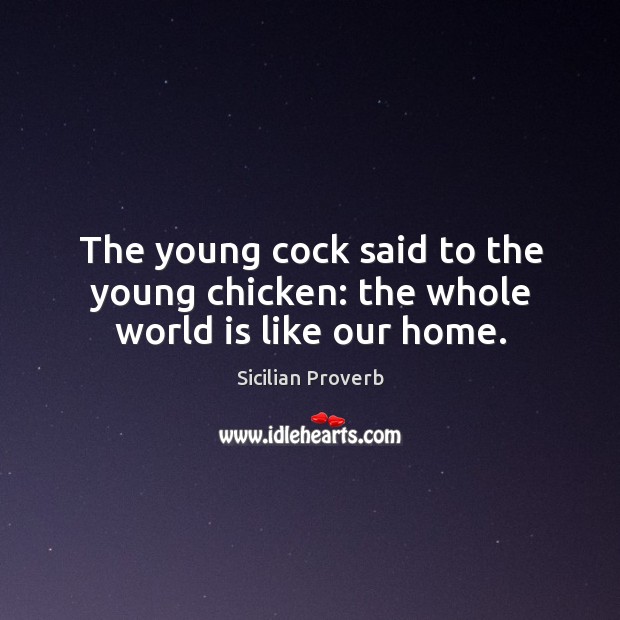 The young cock said to the young chicken: the whole world is like our home. Sicilian Proverbs Image